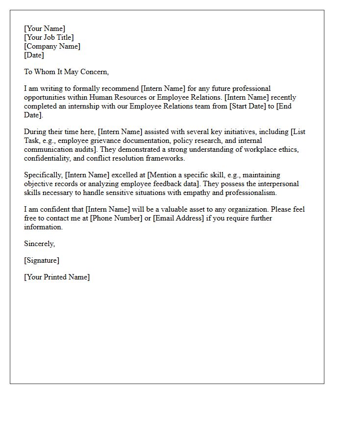Employee Relations Internship Completion Recommendation Letter