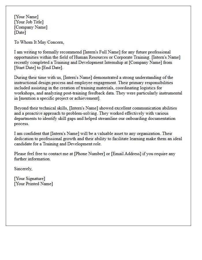 Training and Development Internship Completion Recommendation Letter