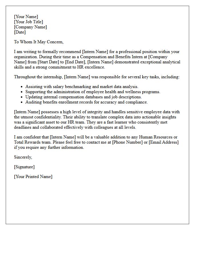 Compensation and Benefits Internship Completion Recommendation Letter