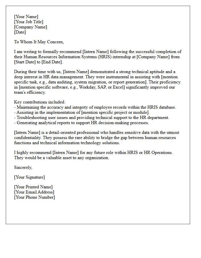 Human Resources Information Systems Internship Completion Recommendation Letter