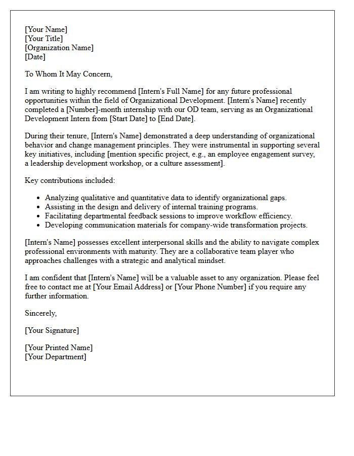 Organizational Development Internship Completion Recommendation Letter