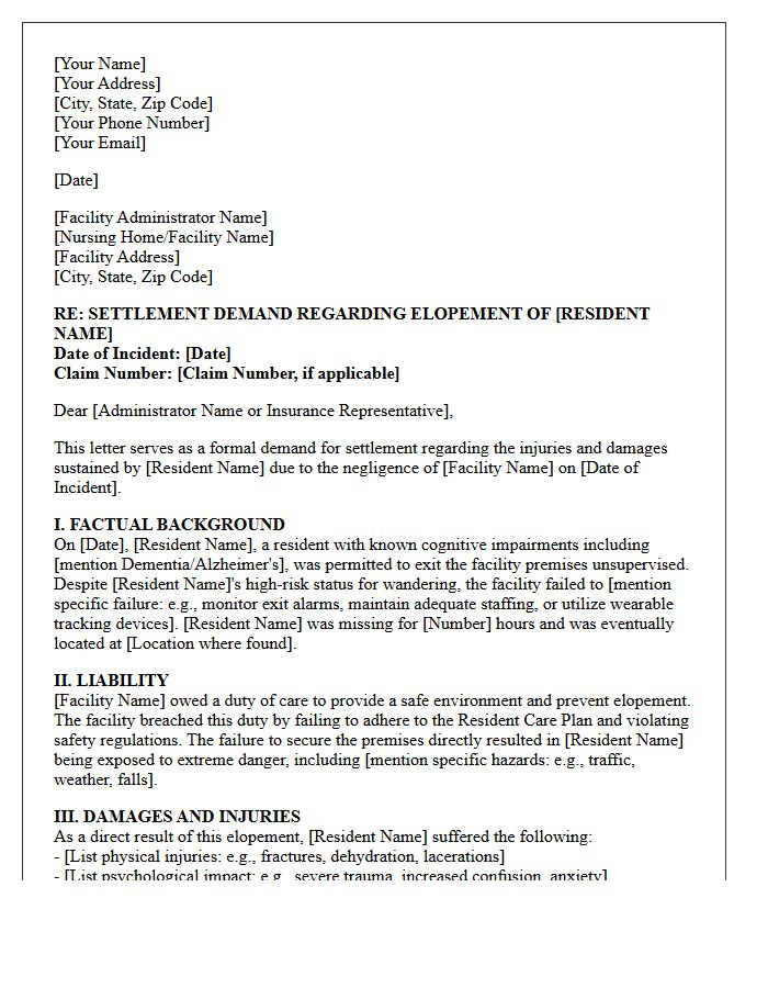 Wandering And Elopement Negligence Settlement Demand Letter