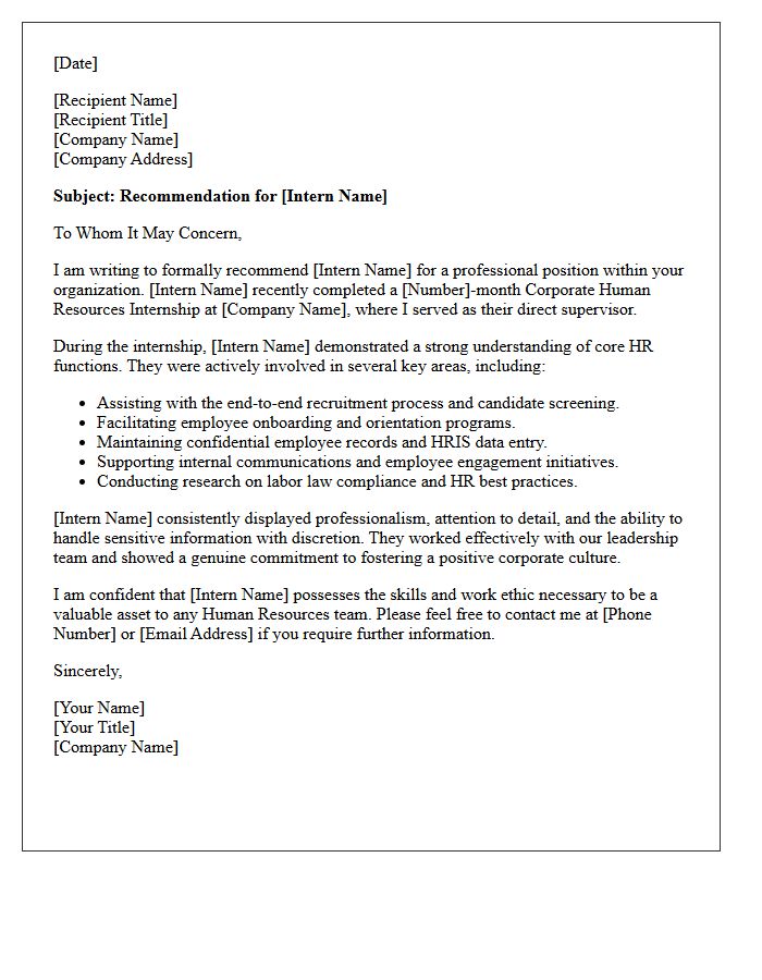 Corporate Human Resources Internship Completion Recommendation Letter
