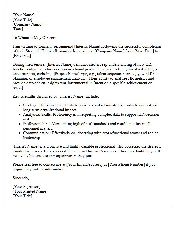 Strategic Human Resources Internship Completion Recommendation Letter