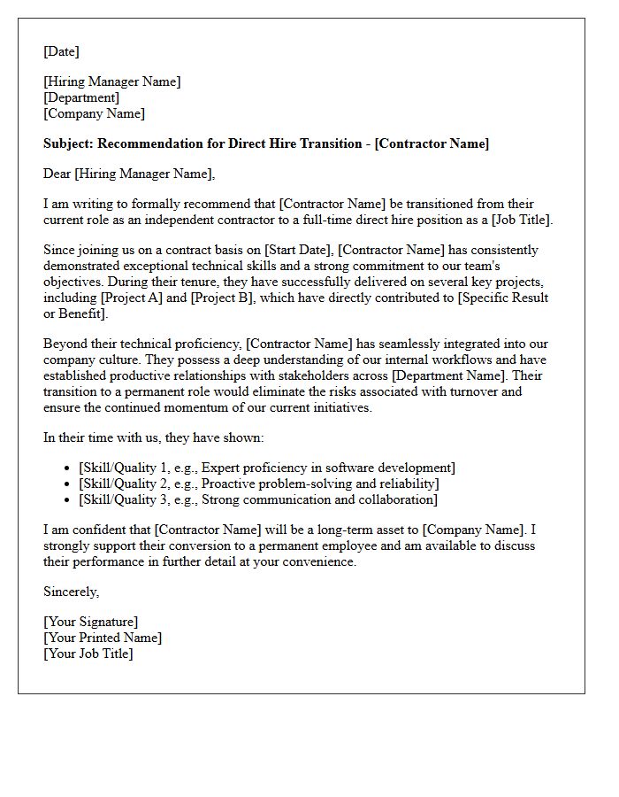 Independent Contractor Direct Hire Transition Recommendation Letter