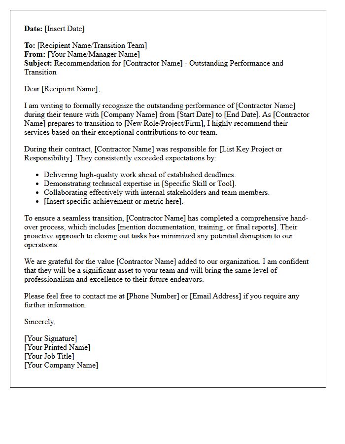 Outstanding Contractor Performance And Transition Recommendation Letter