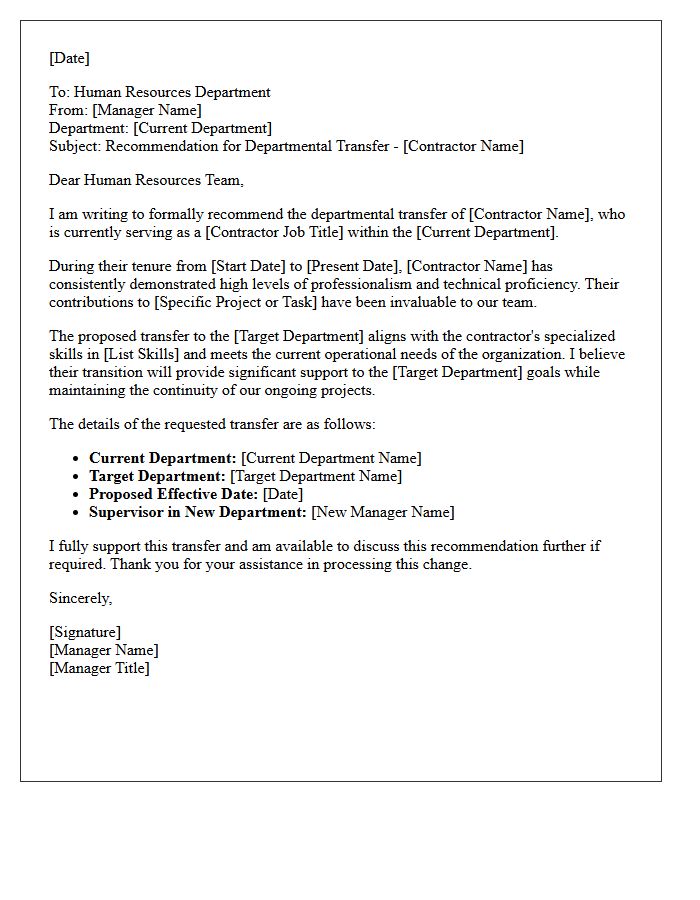 Human Resources Contractor Departmental Transfer Recommendation Letter