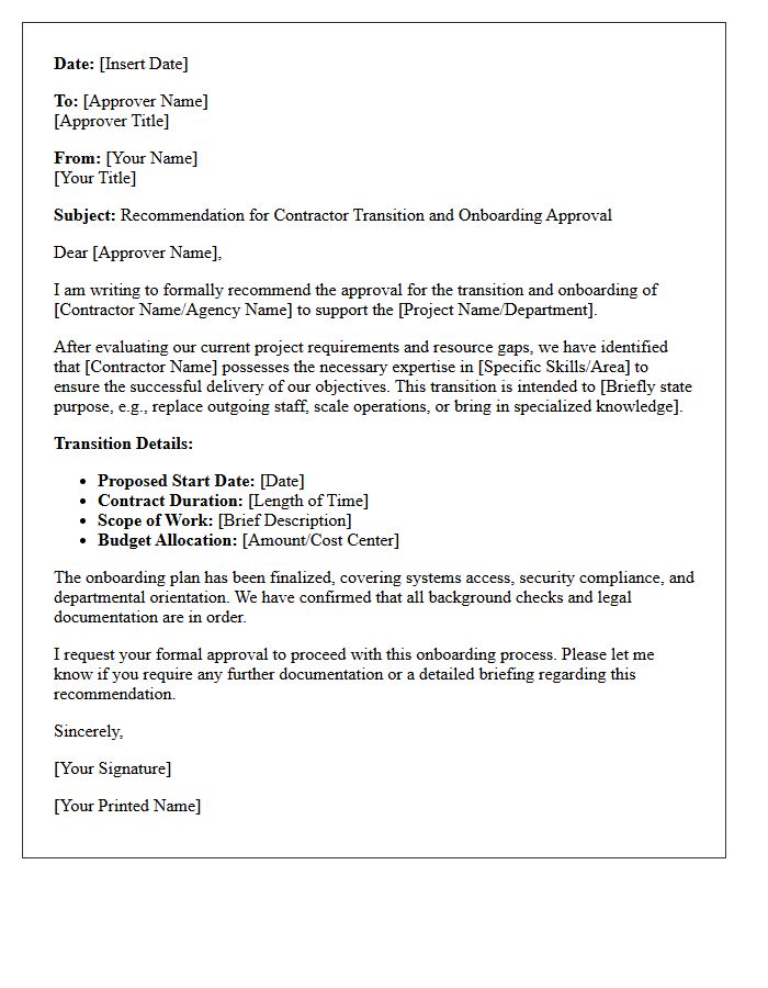 Contractor Transition And Onboarding Approval Recommendation Letter