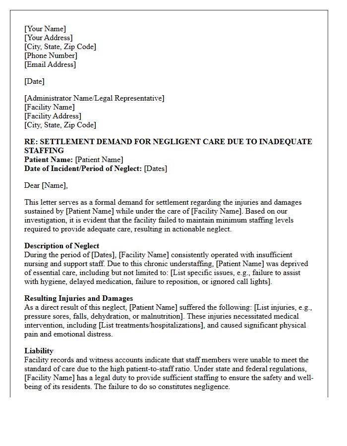 Inadequate Facility Staffing Neglect Settlement Demand Letter