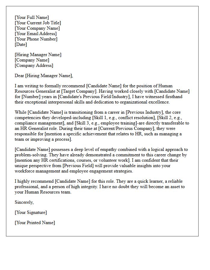 Career Change Recommendation Letter for Human Resources Generalist