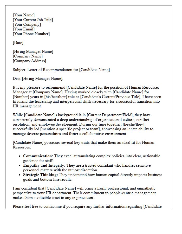 Letter of Recommendation for Transitioning to Human Resources Manager