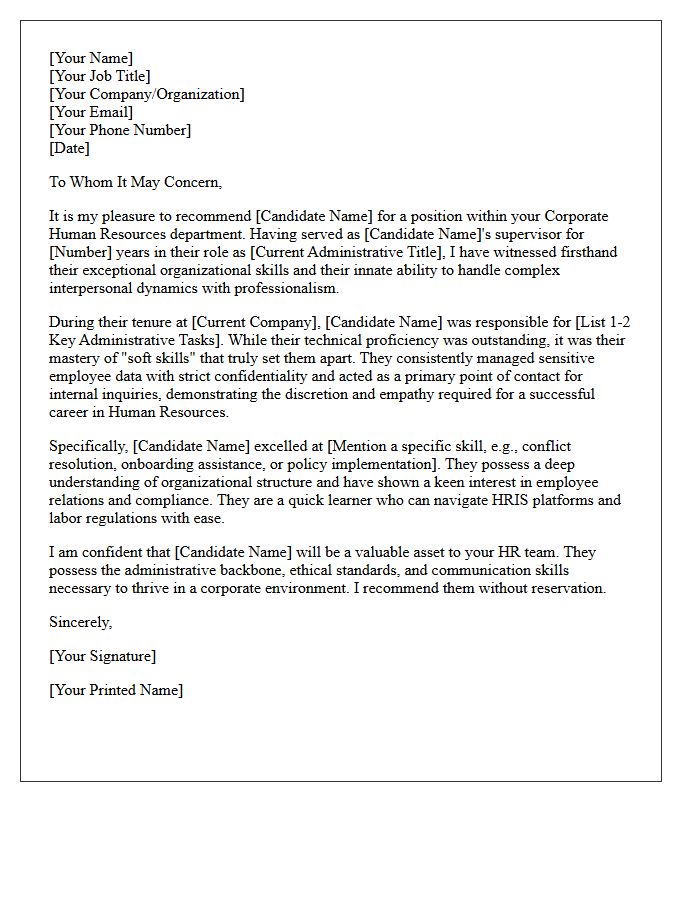 Recommendation Letter for Administrator Transitioning to Corporate Human Resources