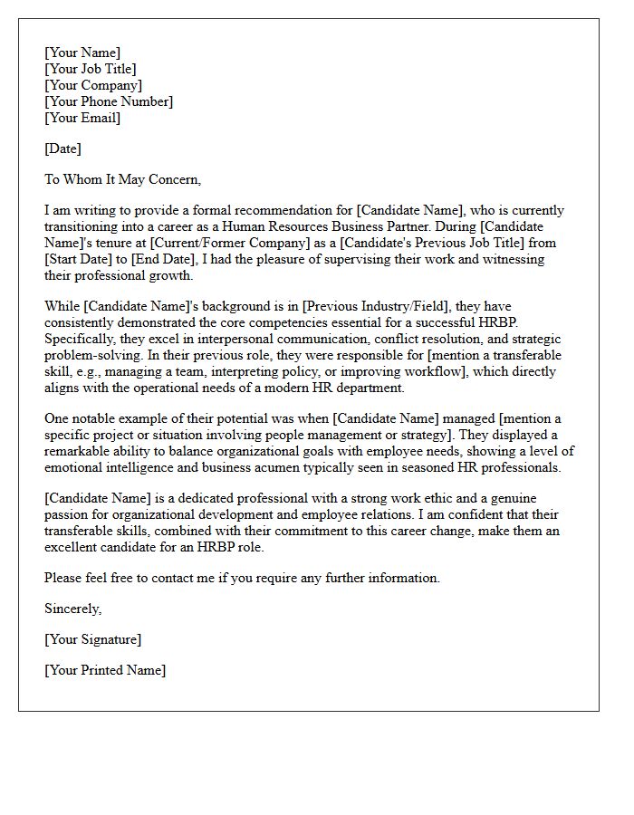 Career Change Reference Letter for Human Resources Business Partner