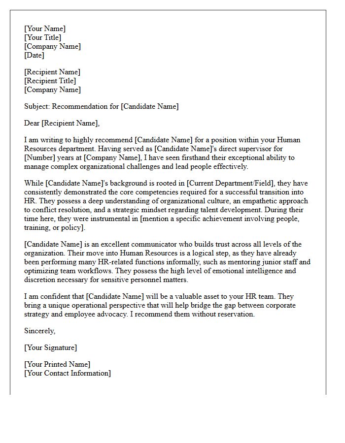 Executive Recommendation Letter for a Human Resources Career Shift