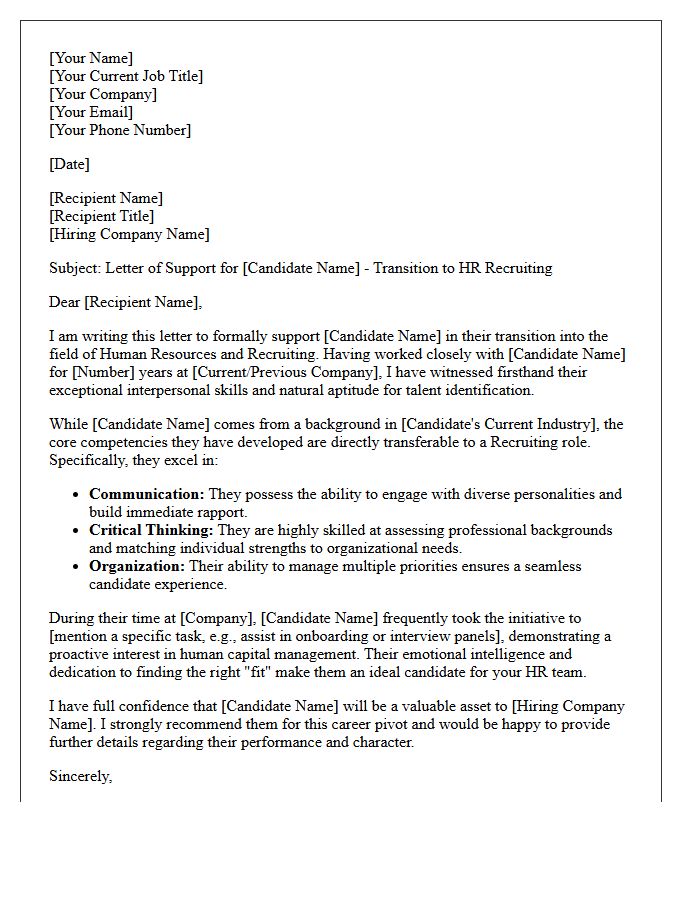 Letter of Support for Career Change into Human Resources Recruiting