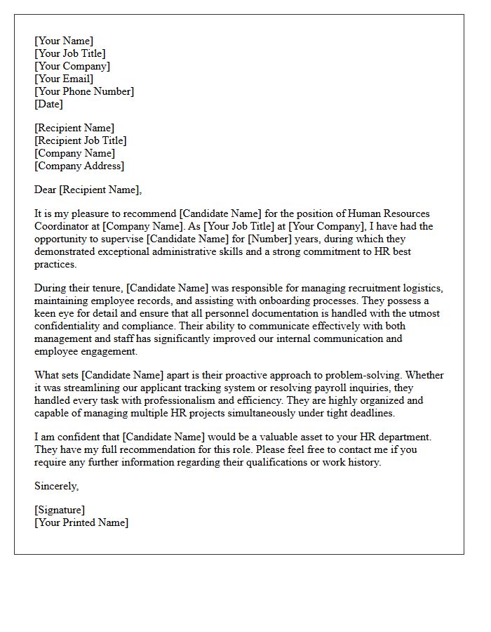 Professional Recommendation Letter for Human Resources Coordinator Role