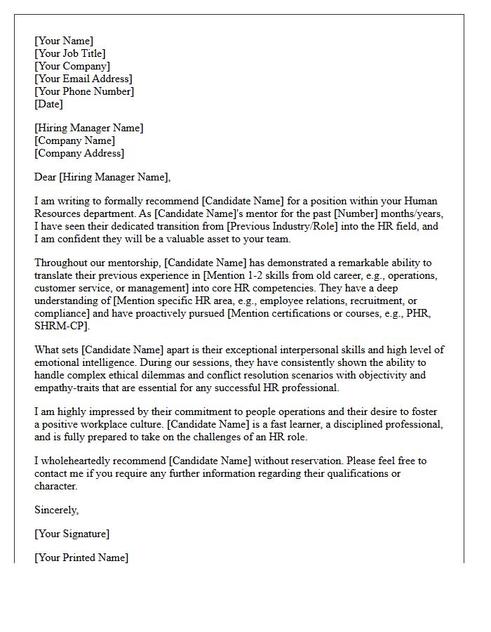 Mentor Recommendation Letter for Human Resources Career Transition