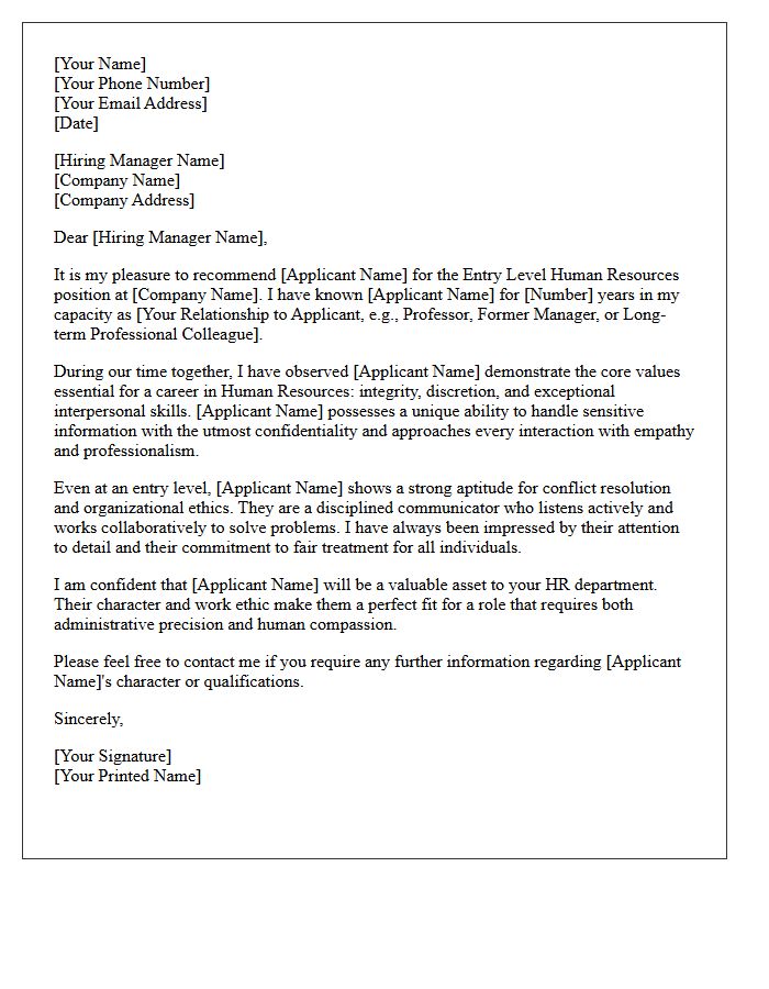 Character Recommendation Letter for Entry Level Human Resources