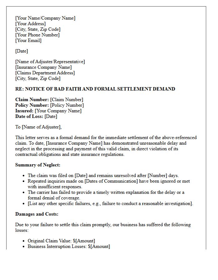 Commercial Insurance Carrier Neglect Settlement Demand Letter
