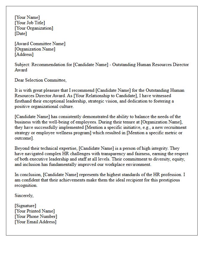 Outstanding Human Resources Director Award Recommendation Letter