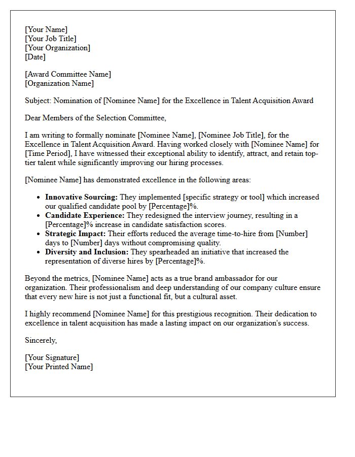 Excellence in Talent Acquisition Award Nomination Letter
