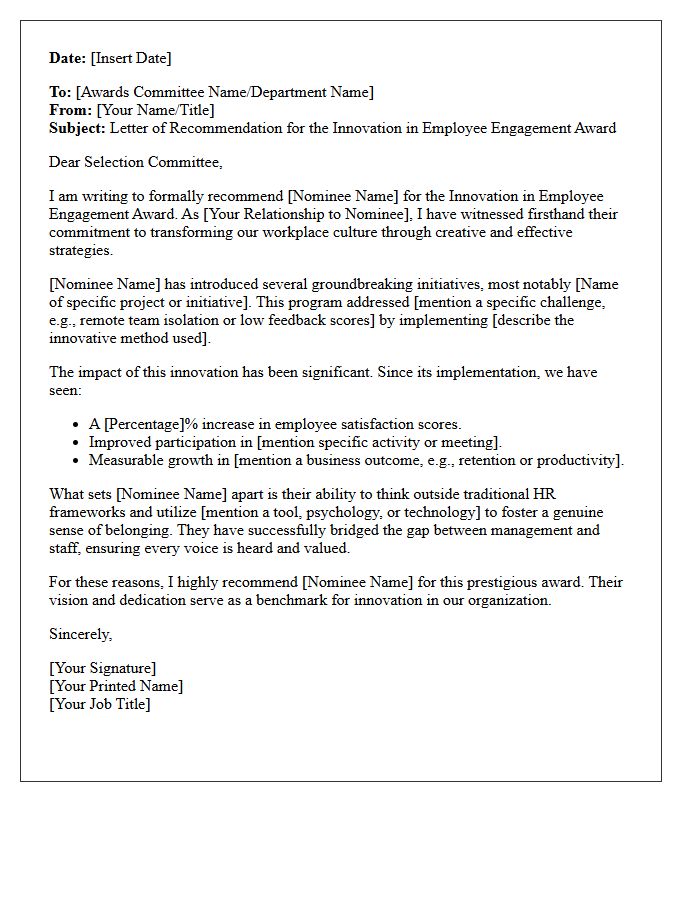 Innovation in Employee Engagement Award Recommendation Letter