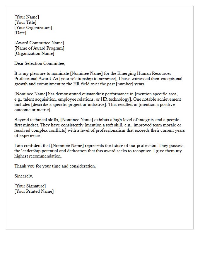 Emerging Human Resources Professional Award Nomination Letter