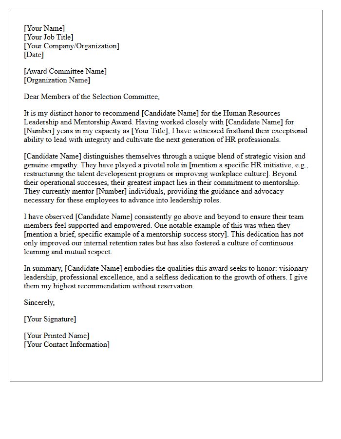 Human Resources Leadership and Mentorship Award Recommendation Letter