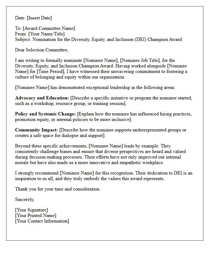 Diversity, Equity, and Inclusion Champion Award Nomination Letter
