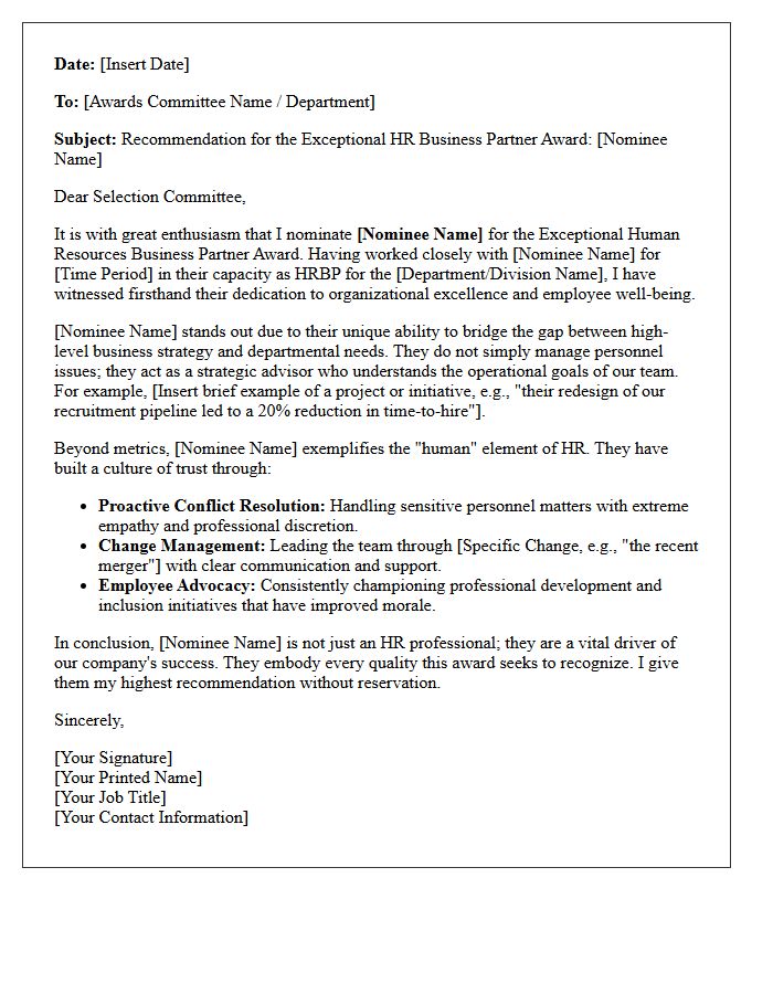 Exceptional Human Resources Business Partner Award Recommendation Letter