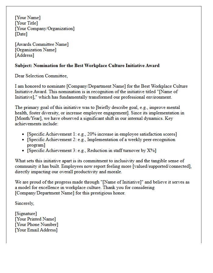 Best Workplace Culture Initiative Award Nomination Letter