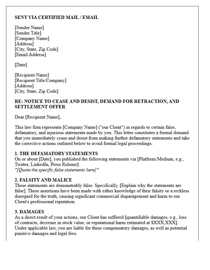 Corporate Defamation Retraction and Settlement Demand Letter