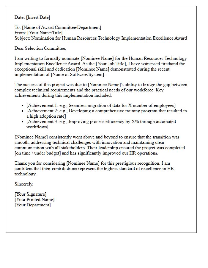 Human Resources Technology Implementation Excellence Award Nomination Letter