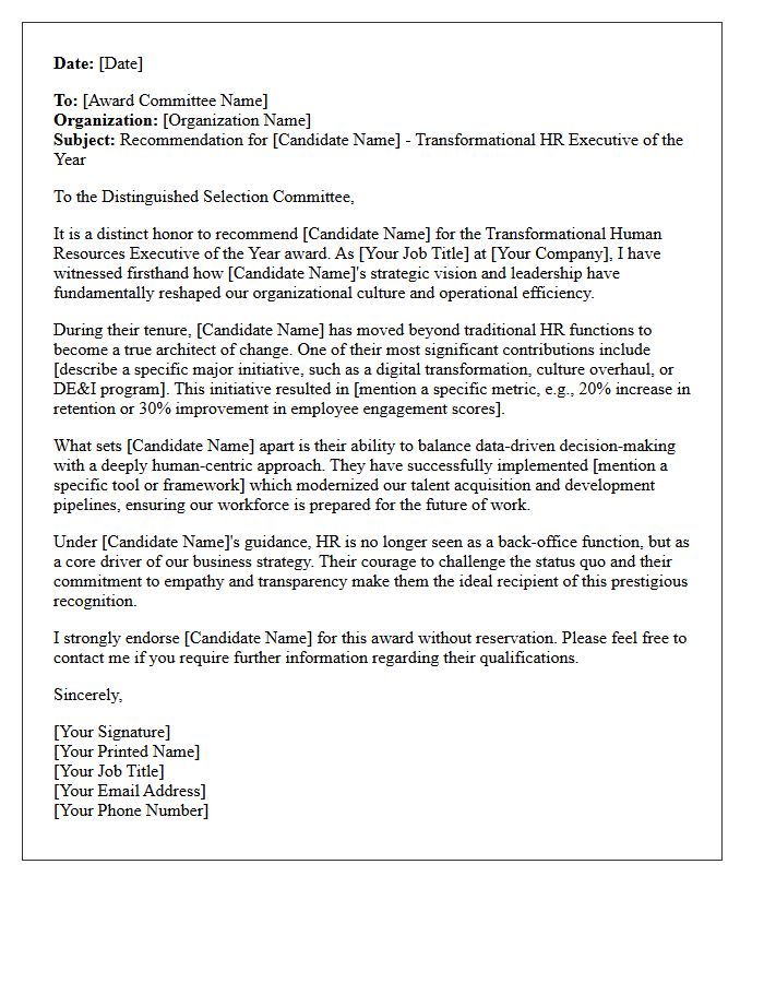 Transformational Human Resources Executive of the Year Recommendation Letter