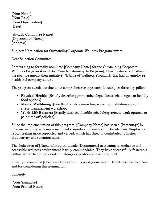 Outstanding Corporate Wellness Program Award Nomination Letter