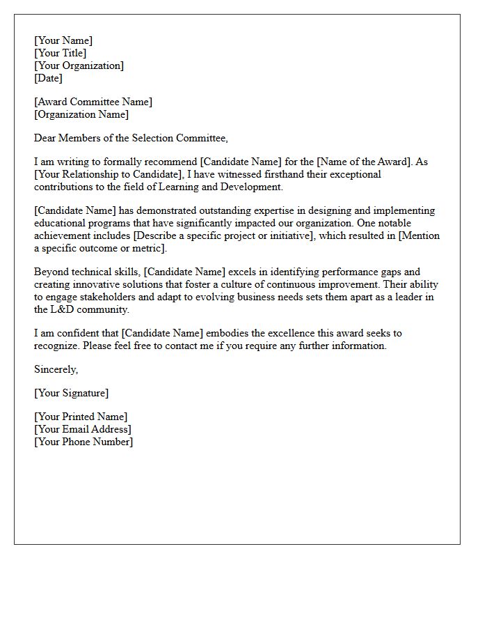 Learning and Development Professional Award Recommendation Letter