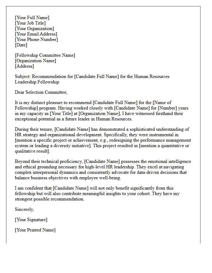 Human Resources Leadership Fellowship Recommendation Letter