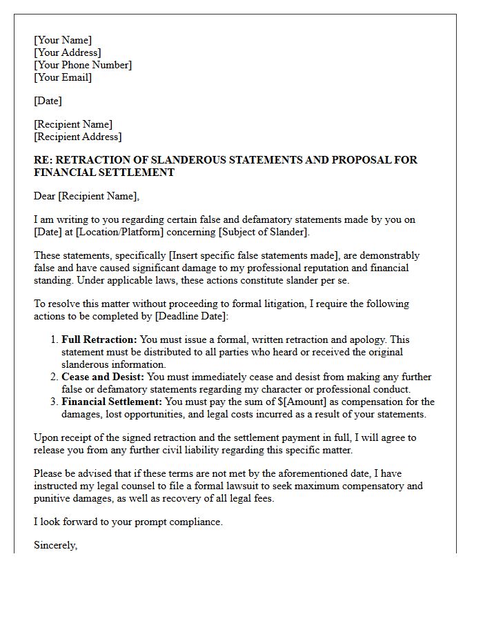 Professional Slander Retraction and Financial Settlement Letter