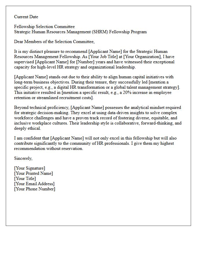 Strategic Human Resources Management Fellowship Recommendation Letter