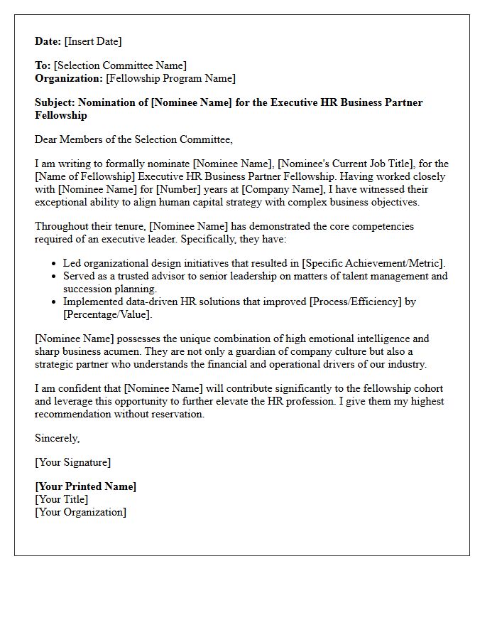 Executive HR Business Partner Fellowship Nomination Letter