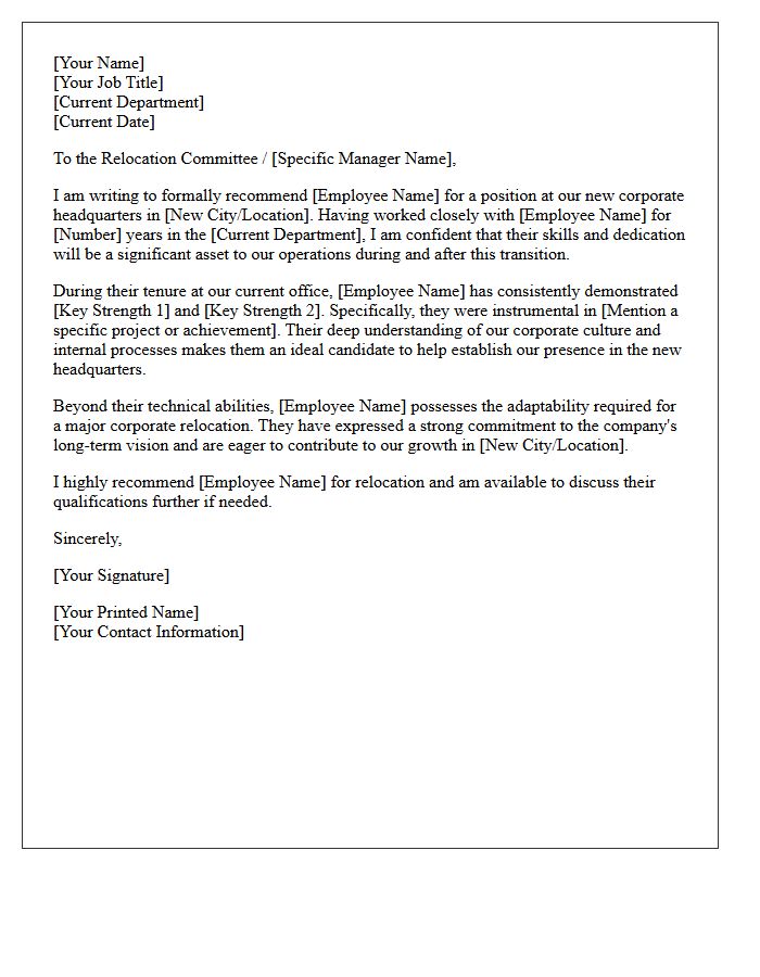 Corporate Headquarters Relocation Employee Recommendation Letter