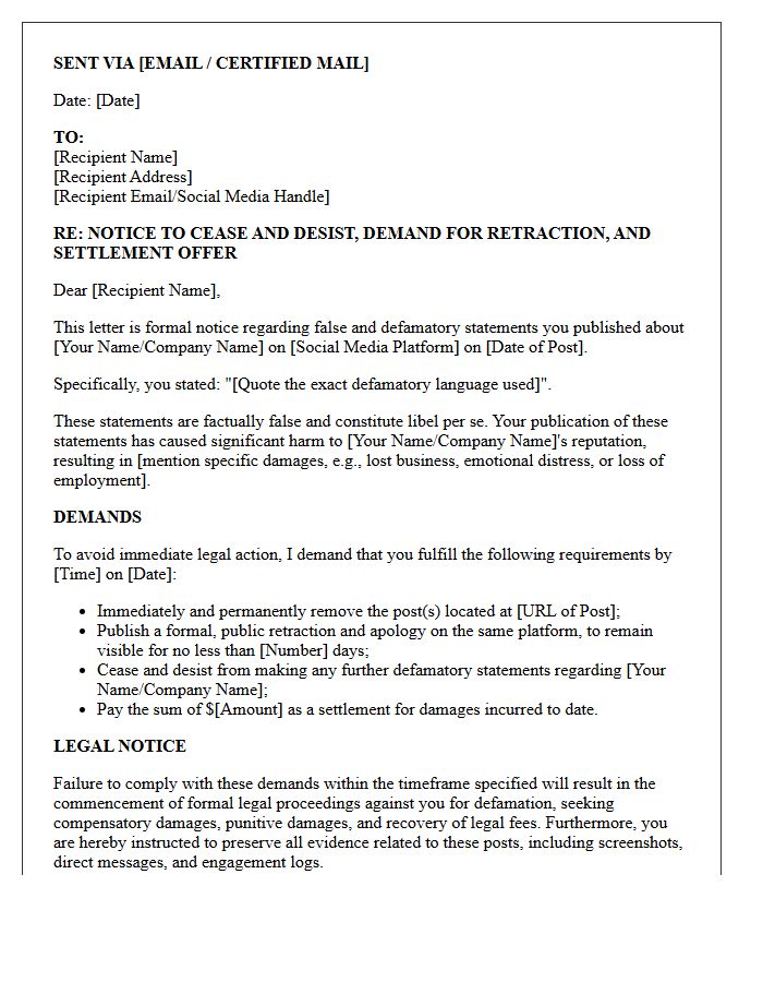 Social Media Libel Retraction and Settlement Demand Letter