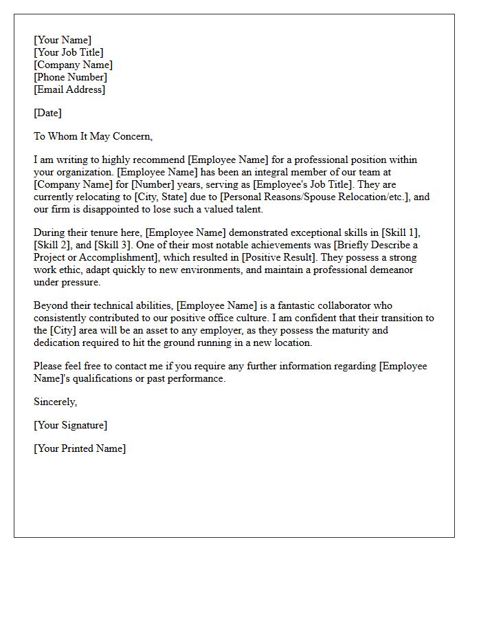 Out-of-State Relocating Employee Professional Recommendation Letter