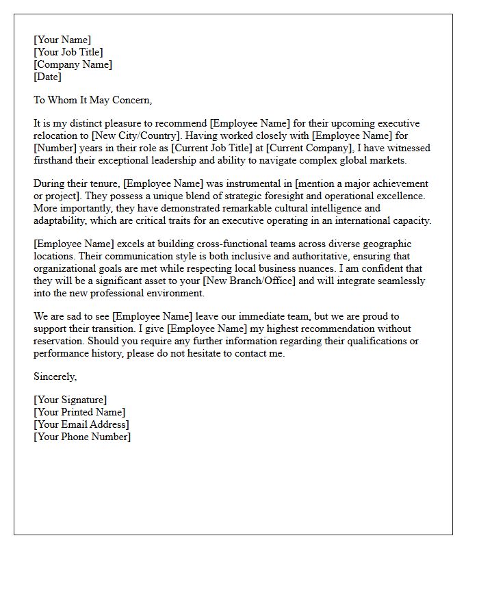 Executive Expatriate Relocating Employee Recommendation Letter
