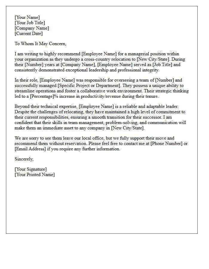 Cross-Country Relocation Managerial Recommendation Letter
