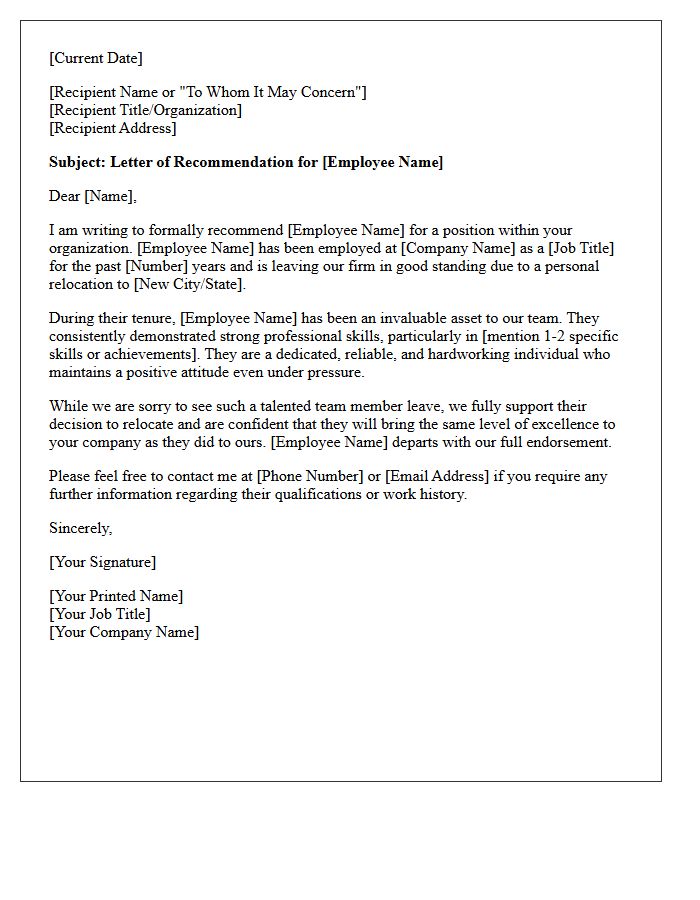 Good Standing Resignation Relocating Employee Recommendation Letter