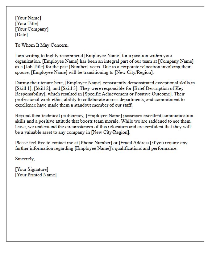 Trailing Spouse Relocating Employee Recommendation Letter