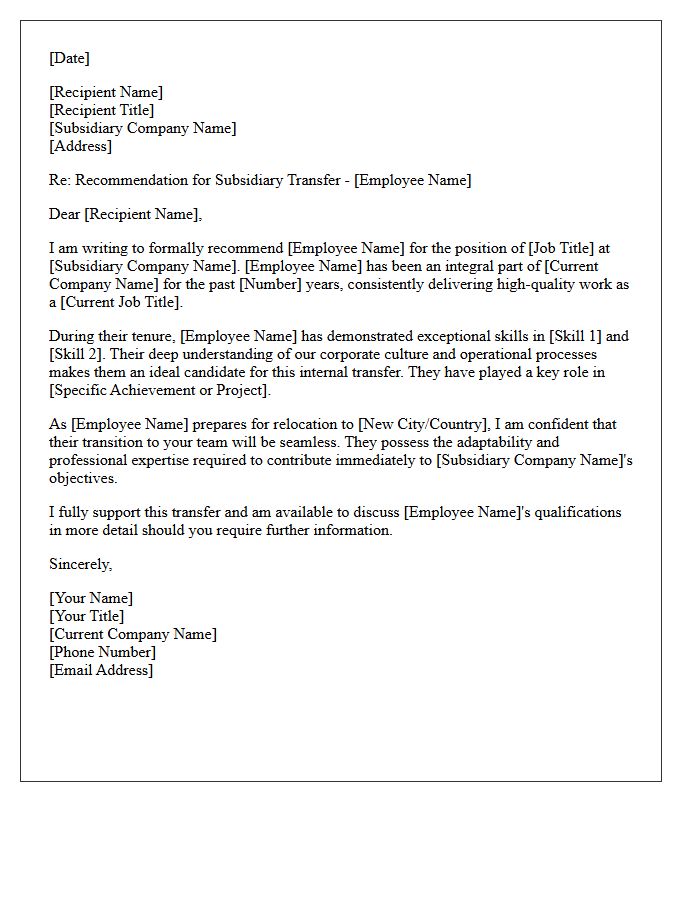 Subsidiary Transfer Relocation Employee Recommendation Letter