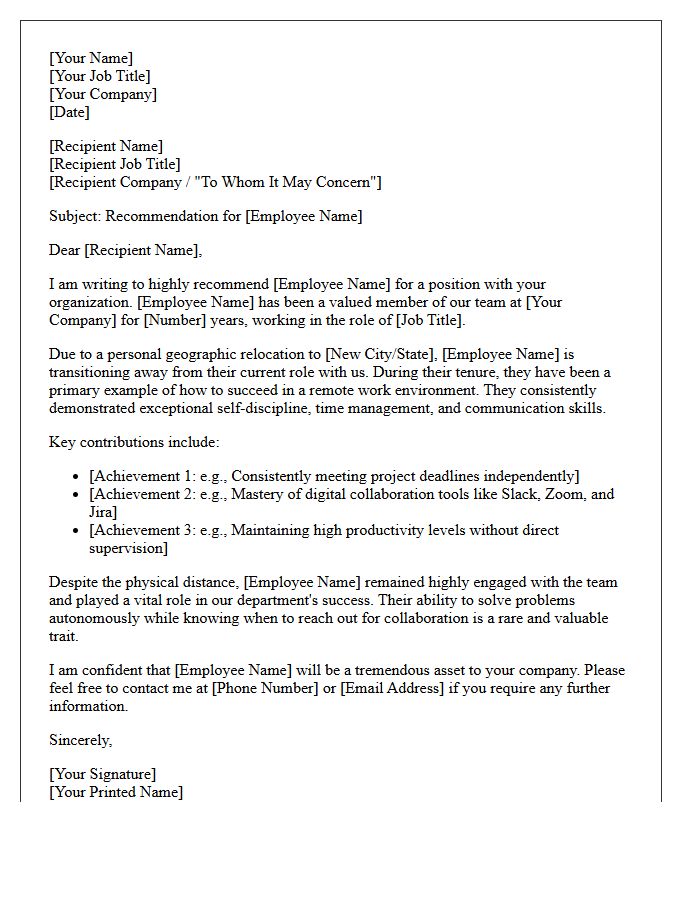 Remote Worker Geographic Relocating Employee Recommendation Letter