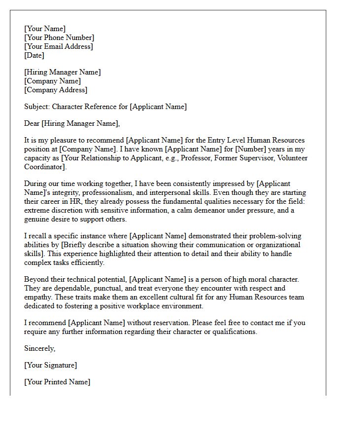 Entry Level Human Resources Personal Character Reference Letter